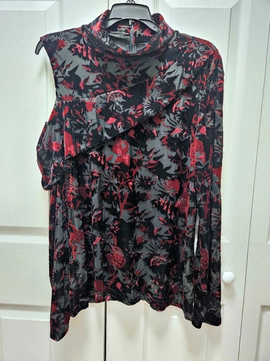 Donna Karan Tops - Donna Karan Burnout Floral Cold Shoulder Tunic  Velvet Black & Red Size Large EU
